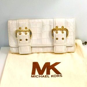 Authentic Michael Kors White Crocodile Gold Buckle Clutch